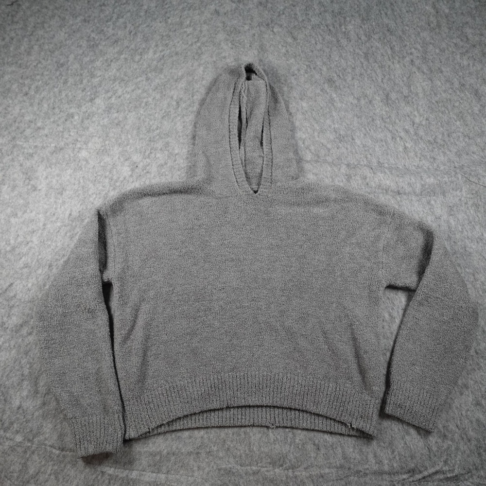 Happily Grey Sweater Women Large Gray Fuzzy Chenille Hooded Long Sleeve Pullover